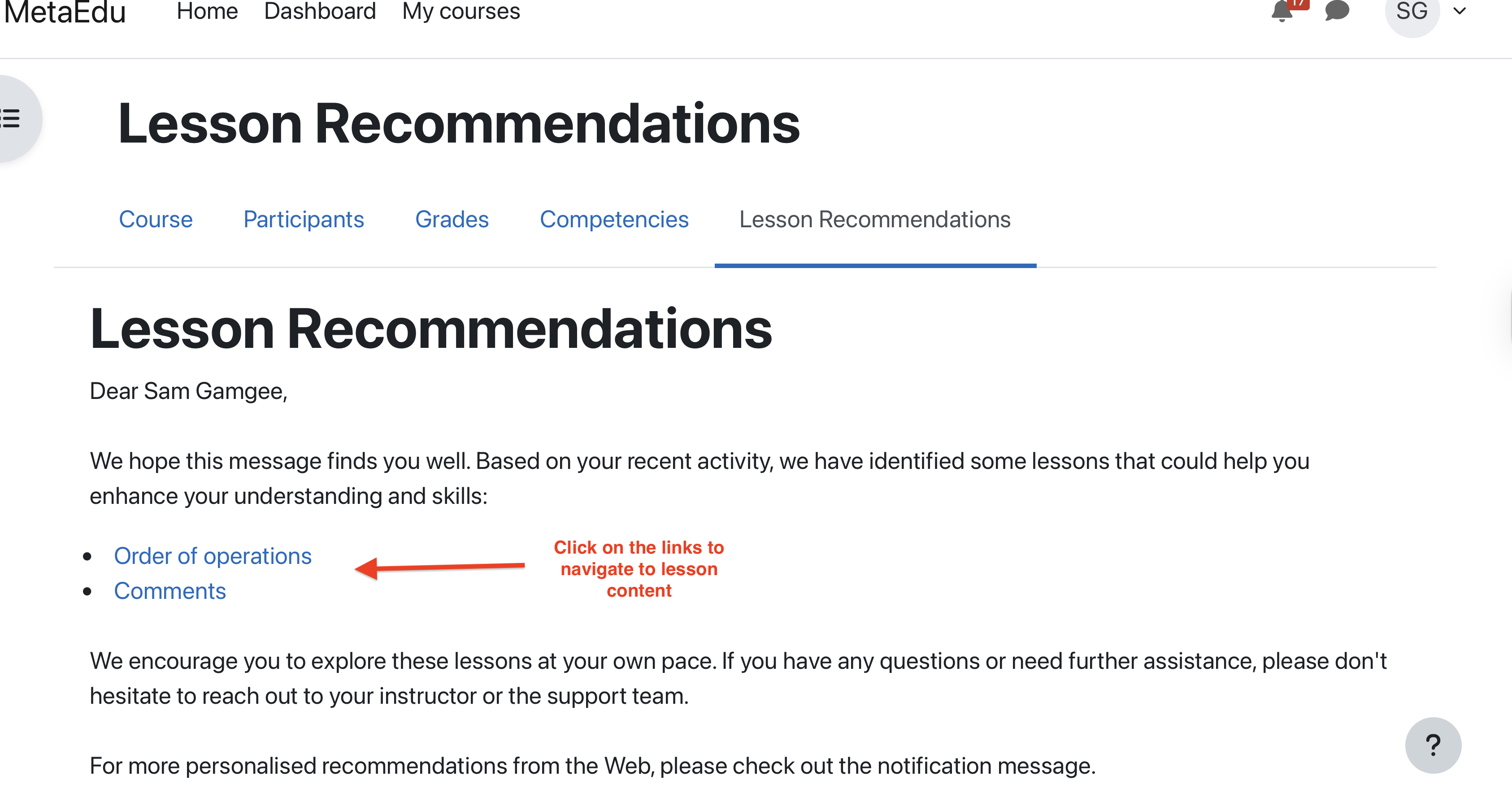 Lesson Recommendations Screenshot